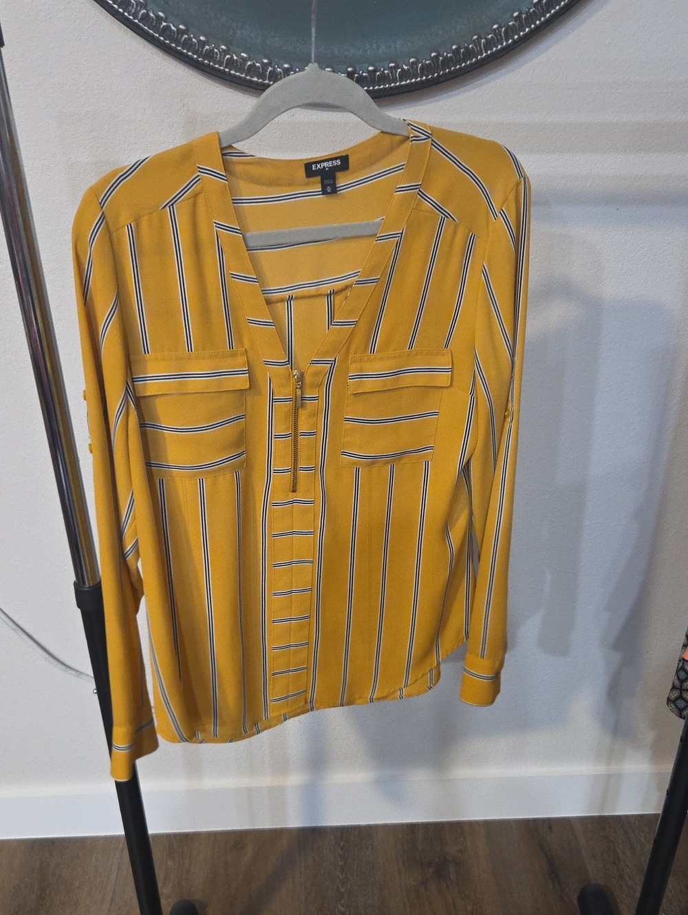 Express Striped Mustard Button-Front Blouse